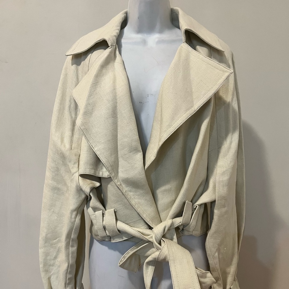 MANGO x VICTORIA BECKHAM 100% Linen Beige Tie-Waist Cropped Trench Jacket M - Picture 16 of 16